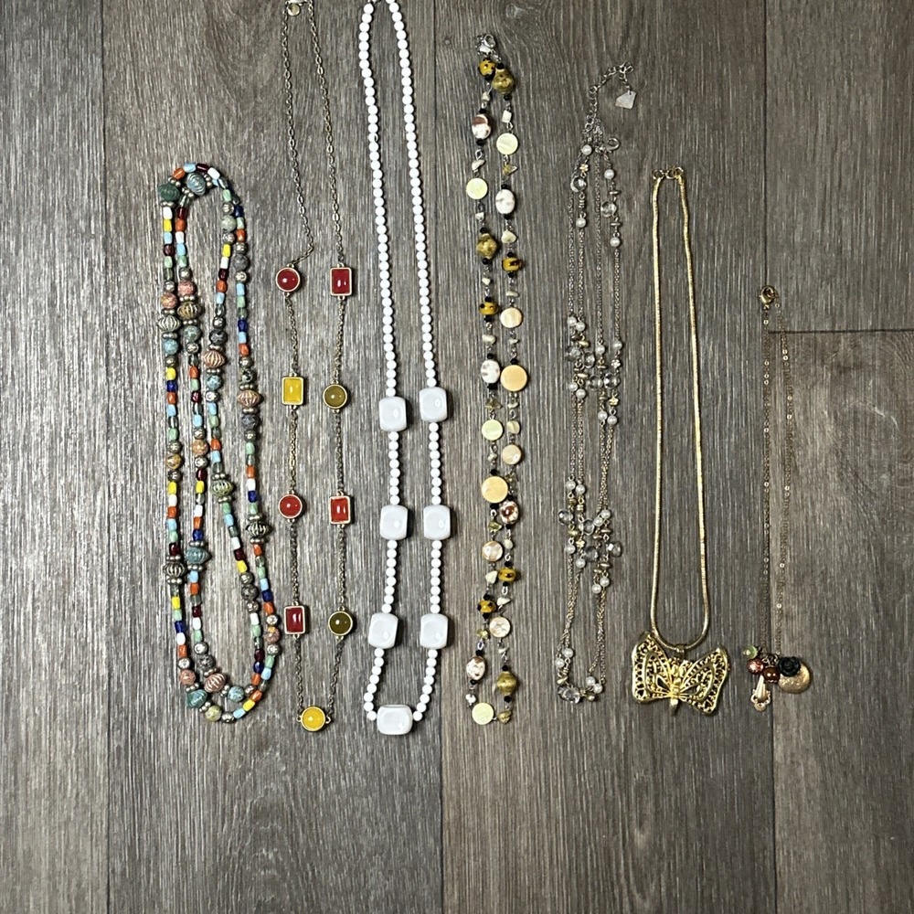 Lot Of 7 Long Modern Gold Tone Vintage Style Necklaces Beads Charms